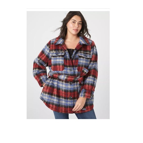 LANE BRYANT UEC Womens Size 14/16 Red Blue Faux-Wool Plaid Belted Shacket Jacket - Picture 3 of 3